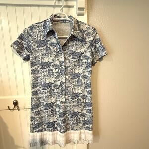 Navy Blue and White Toile Shirt Dress with Lace Hem